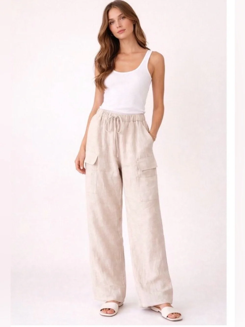 Reformation Ethan linen cargo pants in oat wide leg XL plus size